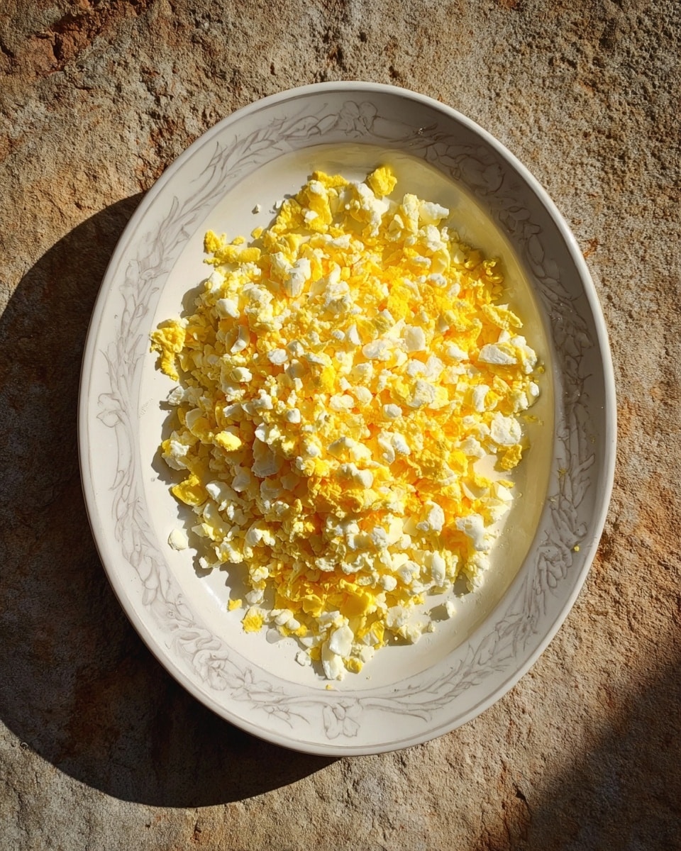 An oval white plate with a delicate gray swirl pattern around the edge holds a single layer of finely chopped boiled eggs scattered evenly across the surface. The eggs show clear separation of bright yellow yolks and creamy white whites, mixed together in small, crumbly pieces with a soft texture. The plate is set on a rough stone surface, with sunlight casting soft shadows that highlight the texture of the egg pieces. Photo taken with an iphone --ar 4:5 --v 7