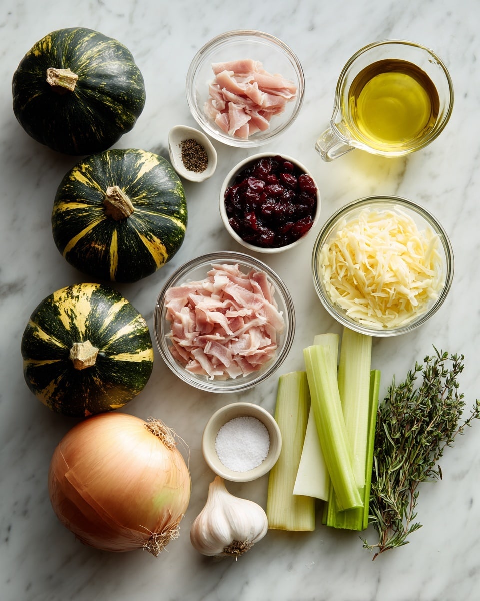 The image shows an arrangement of cooking ingredients neatly placed on a white marbled surface. There are three dark green acorn squashes with slight yellow patches, positioned in the center. Surrounding them, small clear glass bowls hold light pink raw turkey meat strips, golden liquid, shredded pale yellow cheese, and small dark red dried cranberries. Whole vegetables include a round pale brown onion, a yellow and red apple, three light green celery stalks, two peeled white garlic cloves, and fresh green herbs—rosemary and thyme. A small clear glass cup contains a golden yellow oil, and a tiny bowl holds white salt and ground black pepper. The colors are natural and earthy, with textures that range from smooth to slightly rough. Photo taken with an iphone --ar 4:5 --v 7