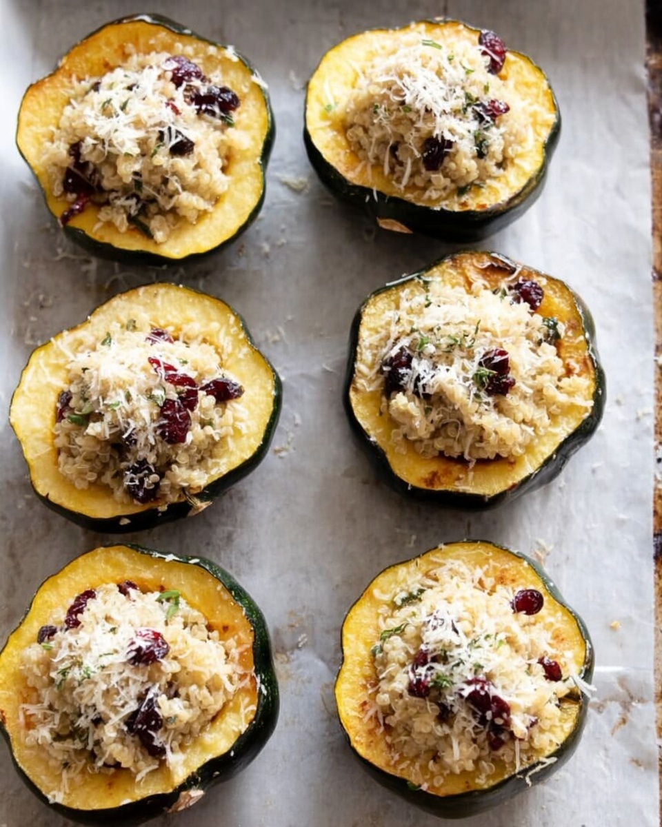 Six round pieces of baked acorn squash with dark green skin and soft yellow flesh are arranged in two rows on parchment paper. Each squash slice is filled with a mixture of light beige cooked grains and small dark red dried cranberries. The filling is topped with a sprinkle of fine grated cheese that adds a slightly white and fluffy texture on top. The edges of the squash are slightly browned, showing they are well roasted. The photo is taken from above on a white marbled surface. photo taken with an iphone --ar 4:5 --v 7