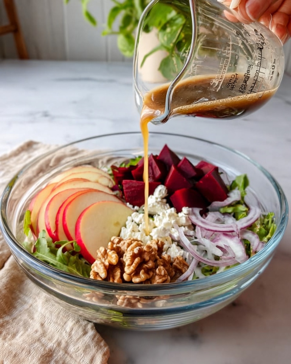 A clear glass bowl filled with a fresh salad sits on a white marbled surface. Inside the bowl, there are five different layers: thin apple slices with red skins on the left, deep red beetroot chunks next to the apples, a green leafy base at the bottom, a small pile of light brown walnuts near the front, thinly sliced light purple onions beside the walnuts, and crumbled white cheese on top of the onions. A woman's hand is pouring a brown liquid dressing from a clear measuring cup over the salad. The background includes a blurred green plant and a light beige cloth. Photo taken with an iphone --ar 4:5 --v 7