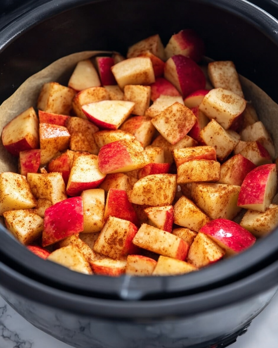 The image shows a close-up of a black air fryer basket filled with many small apple pieces. The apples are cut into bite-sized chunks with their red skin still on some parts. The apple pieces have a dusting of a brown powder, likely cinnamon or a similar spice, giving them a slightly speckled look. The apples are piled evenly inside the basket, with a light tan air fryer liner visible underneath. The background surface around the air fryer is a white marbled texture. photo taken with an iphone --ar 4:5 --v 7