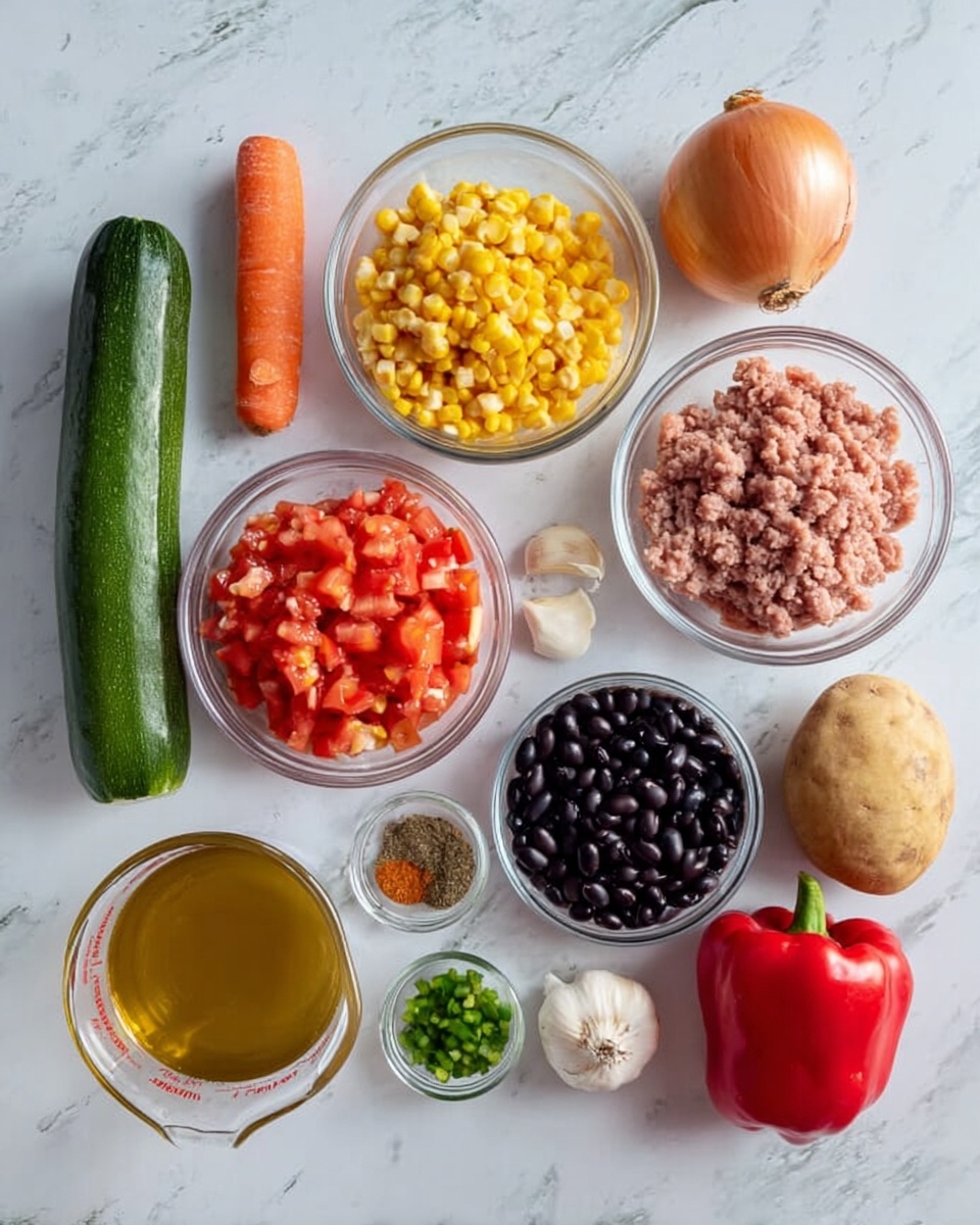 The image shows a white marbled surface with ingredients for cooking neatly arranged. In the center, three clear glass bowls hold diced tomatoes with peppers, yellow corn kernels, and raw ground meat. Surrounding these bowls are whole vegetables: a carrot standing vertically near the middle top, a whole onion, a zucchini on the left, a red bell pepper on the right, and a potato at the bottom right side. Also placed are a small clear bowl of mixed spices, a small bowl of green chopped peppers, a small amount of olive oil in a clear bowl, two garlic cloves, a clear glass measuring cup filled with broth, and a glass bowl featuring black beans and light brown beans side by side. All items are spaced evenly against the white marbled background photo taken with an iphone --ar 4:5 --v 7