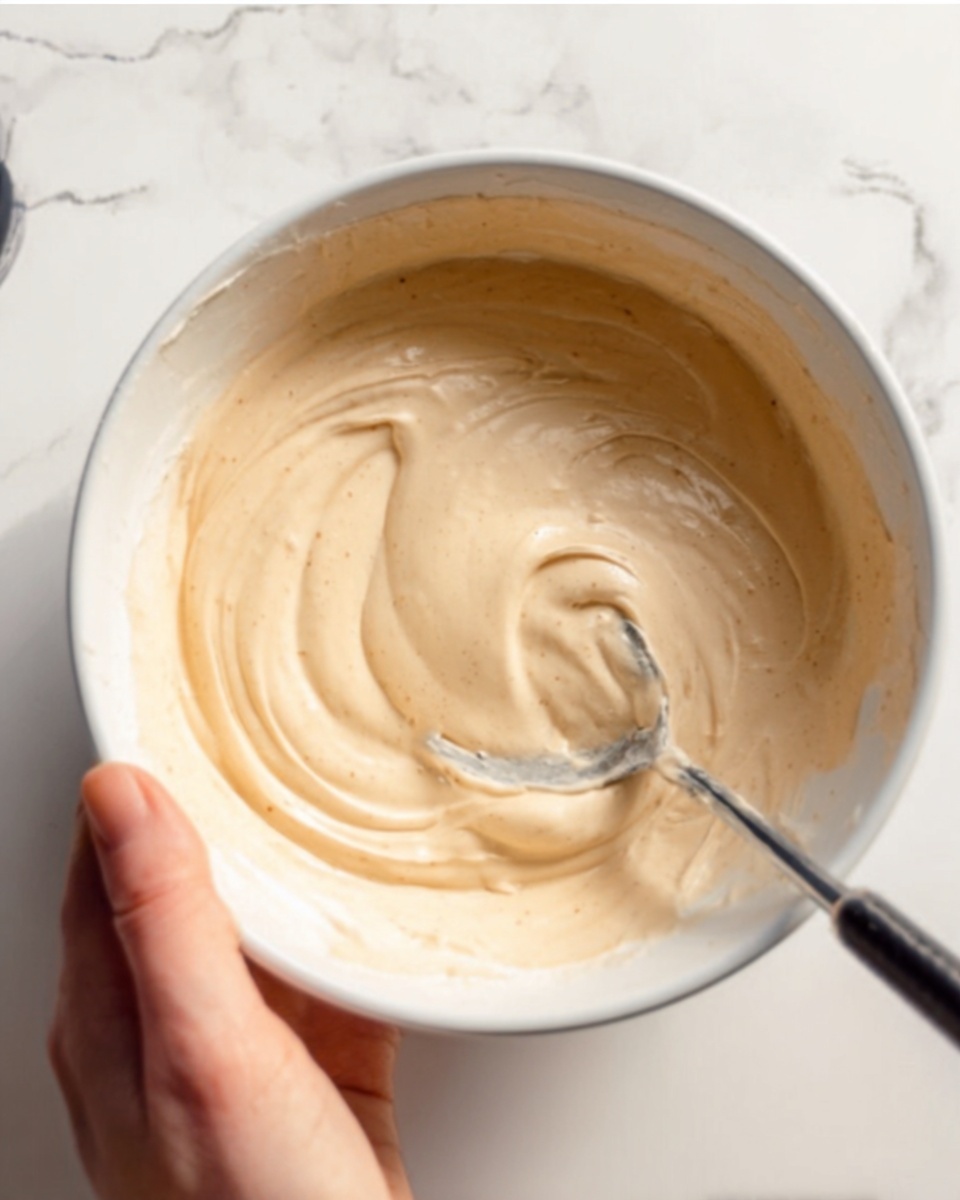 A white bowl filled with a creamy, smooth mixture of light beige color. A spoon swirls gently inside the bowl, creating soft ripples and folds in the thick cream. A woman's hand holds the side of the bowl, with a white marbled surface beneath it. photo taken with an iphone --ar 4:5 --v 7