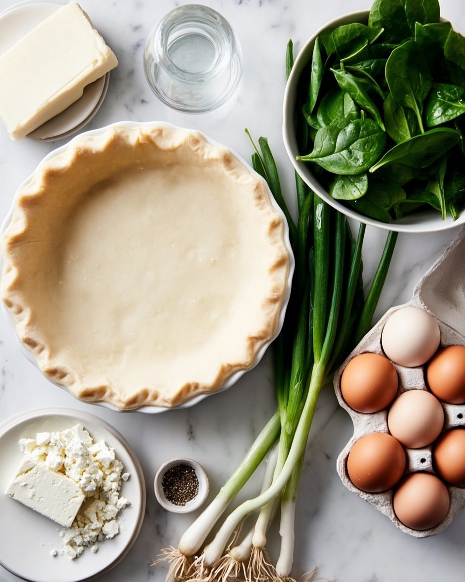 A white pie dish with a neatly pressed pie crust around the edges sits on a white marbled surface. To the right, a white bowl is filled with fresh green spinach leaves. Below the bowl, a bunch of green onions lies diagonally, showing their white bulbs and long green stalks. A small white container with a clear liquid and a white plate with a block of crumbly white cheese are placed to the left, near the green onions. In the bottom right, six light brown eggs are arranged in a white egg holder, and a small white dish with ground black pepper is beside them. photo taken with an iphone --ar 4:5 --v 7