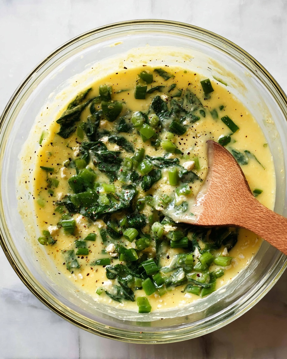 A clear glass bowl filled with a mixed egg batter that contains bright green chopped spinach leaves, scattered light green chopped scallions, and small white cheese pieces. The mixture appears creamy yellow with visible bits of black pepper. A wooden spoon rests inside the bowl, partially stirring the mixture, and a white marbled surface is underneath the bowl. photo taken with an iphone --ar 4:5 --v 7