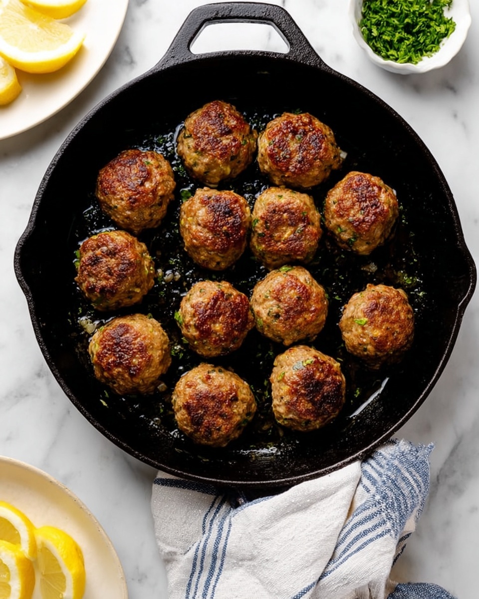 A black cast iron pan filled with twelve round, golden-brown meatballs, each with a slightly crispy texture and small visible bits of herbs and onions, arranged in a loose circular pattern inside the pan. The pan is placed on a white marbled surface with a white and blue striped cloth partially under it, a small white bowl of finely chopped green herbs in the top right corner, and a white plate with several slices of lemon in the bottom left corner. The lighting highlights the slight oil sheen on the pan and the meatballs’ browned crusts. photo taken with an iphone --ar 4:5 --v 7