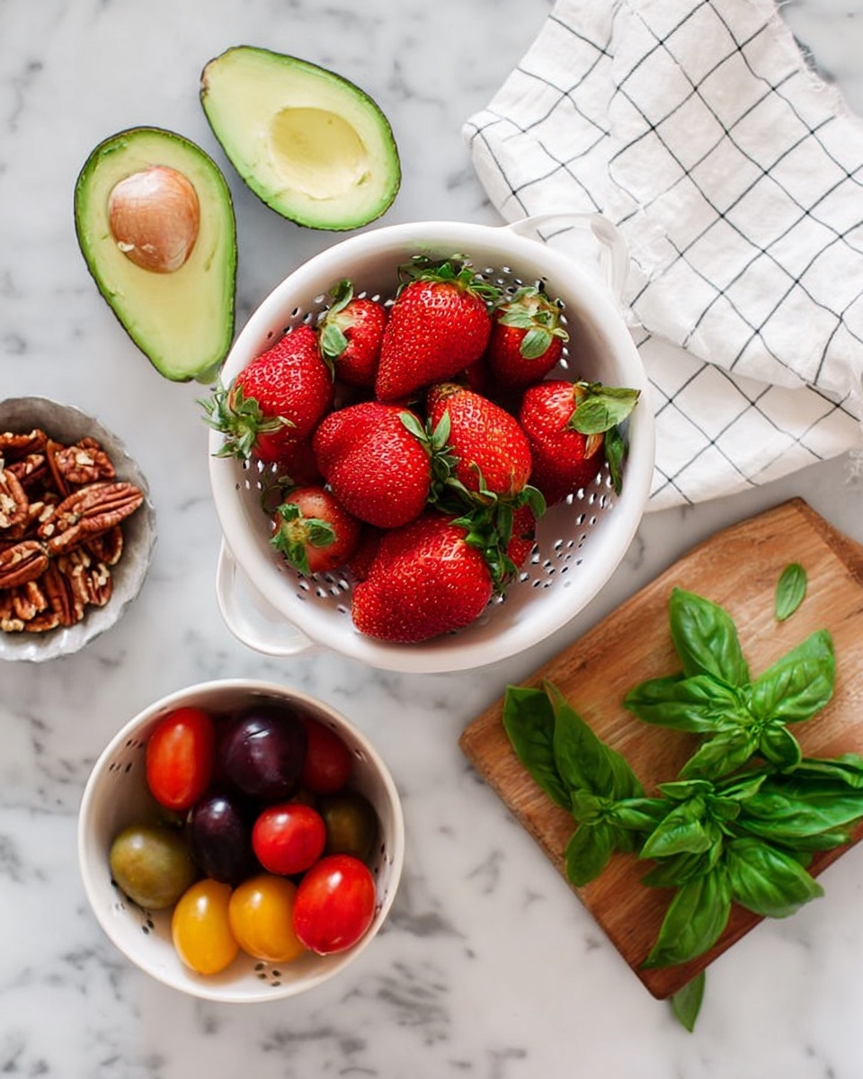 This image shows a top view of fresh ingredients on a white marbled surface. There is a white colander filled with bright red strawberries with green leaves on the top right, next to a white cloth with a black check pattern. To the left of the colander, there is a halved green avocado, one half showing the seed and the other empty. Below the avocado, a small white bowl contains colorful cherry tomatoes in red, yellow, and dark purple shades, some whole and some sliced in half. In the bottom right corner, there is a small wooden board with fresh green basil leaves on it, and a few stray leaves lie next to the board. A small bowl of pecans is partially visible to the far left. The photo taken with an iphone --ar 4:5 --v 7