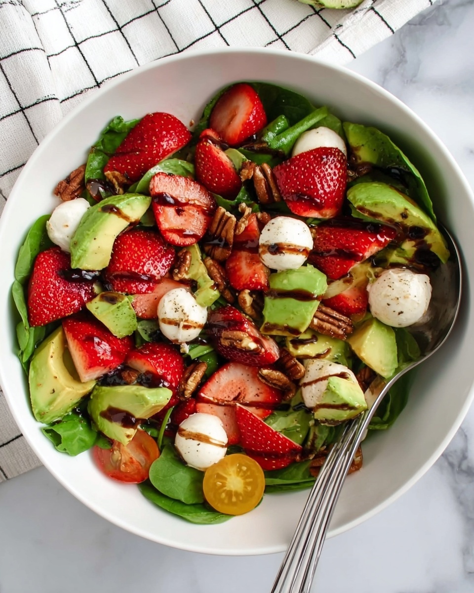 A white bowl filled with a colorful salad showing layers of green spinach leaves at the bottom, followed by bright red strawberries and yellow cherry tomato halves scattered around. White mozzarella balls are mixed evenly throughout, along with light green avocado chunks and whole pecans adding texture. The salad is drizzled with dark balsamic glaze, highlighting the freshness and variety of the ingredients. A silver slotted spoon rests on the bottom right side of the bowl. The background is a white marbled surface with a white cloth featuring black grid lines partially visible in the upper part. Photo taken with an iphone --ar 4:5 --v 7