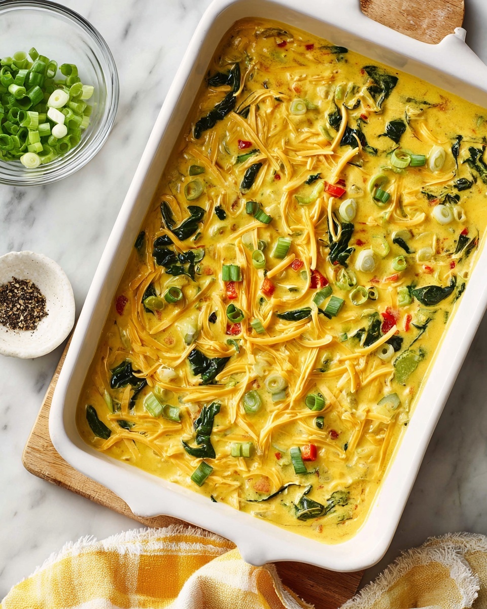 A white rectangular baking dish filled with a creamy yellow mixture showing three layers: the base layer is a thick, smooth yellow liquid; scattered throughout are thin strands of shredded yellow cheese; on top, there are small chopped green onions, dark green leafy vegetables, and tiny pieces of red and green bell peppers, all mixed evenly. The dish sits on a white marbled surface, with a clear glass bowl of chopped green onions and a white dish with black pepper visible nearby. A yellow and white cloth is partially under the baking dish. Photo taken with an iphone --ar 4:5 --v 7