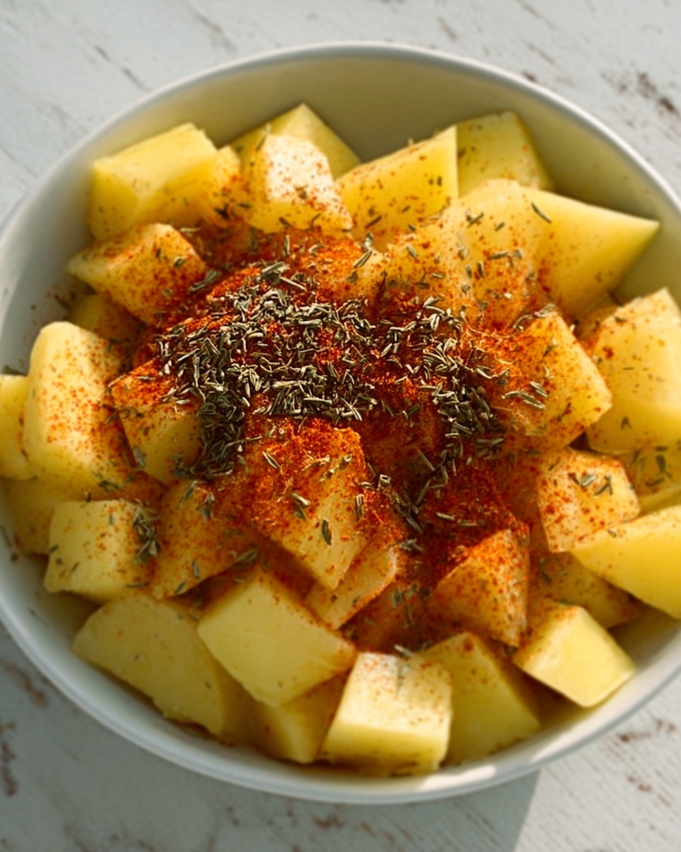 The image shows a white bowl filled with small, peeled yellow potato pieces. On top of the potatoes, there is a layer of dark red paprika powder and a sprinkling of green dried herbs. The potatoes have a smooth texture with some sharp edges from being chopped. The bowl is placed on a white marbled surface. photo taken with an iphone --ar 4:5 --v 7