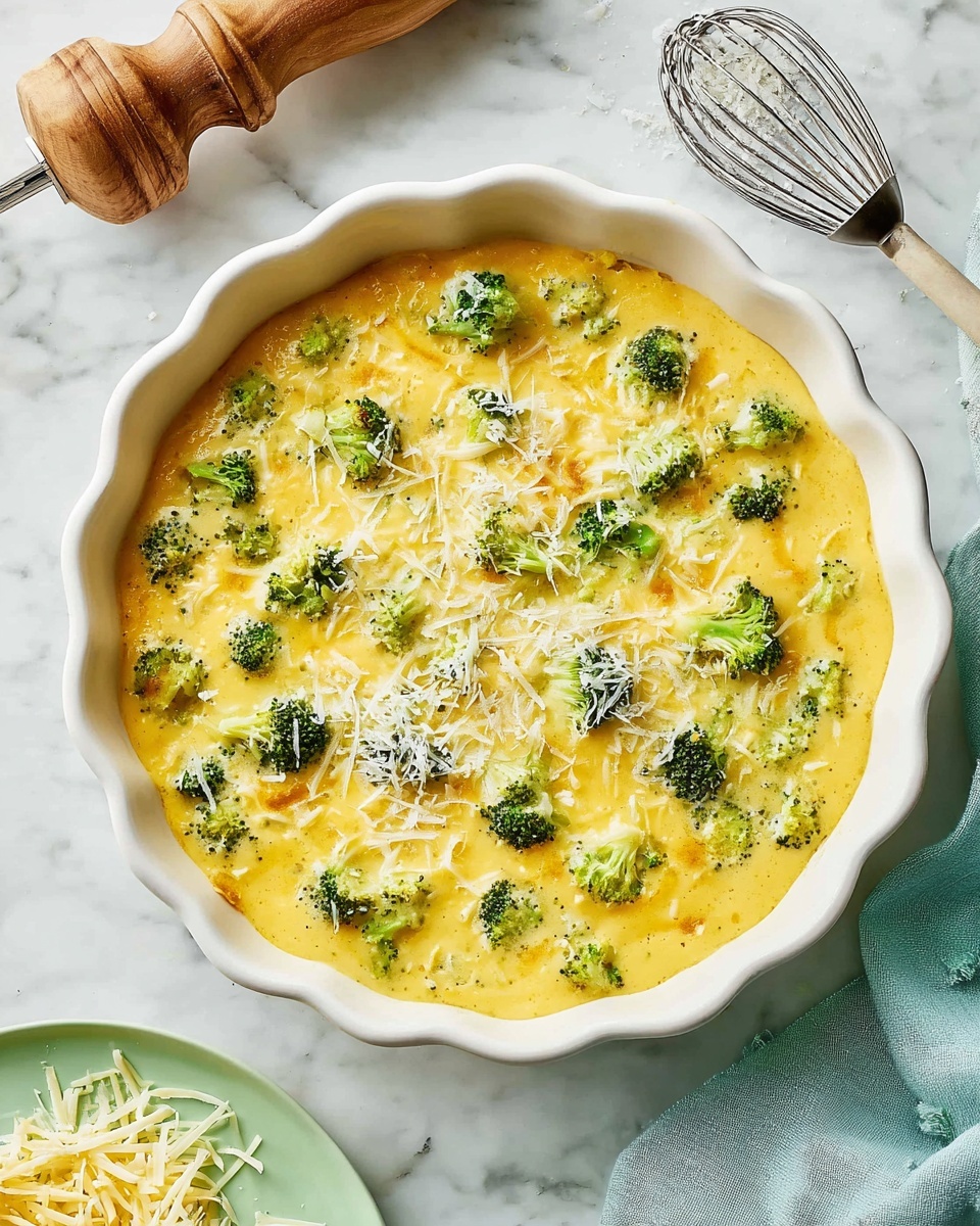A white scalloped ceramic bowl filled with a thick yellow mixture that looks like an egg and cheese base, dotted with small bright green broccoli florets spread evenly throughout. The top layer is sprinkled with fine white shredded cheese clumps resting lightly on the yellow surface. The bowl sits on a white marbled background next to a wooden pepper grinder, a metal whisk, and a soft blue cloth napkin, with extra shredded cheese on a nearby light green plate. Photo taken with an iphone --ar 4:5 --v 7