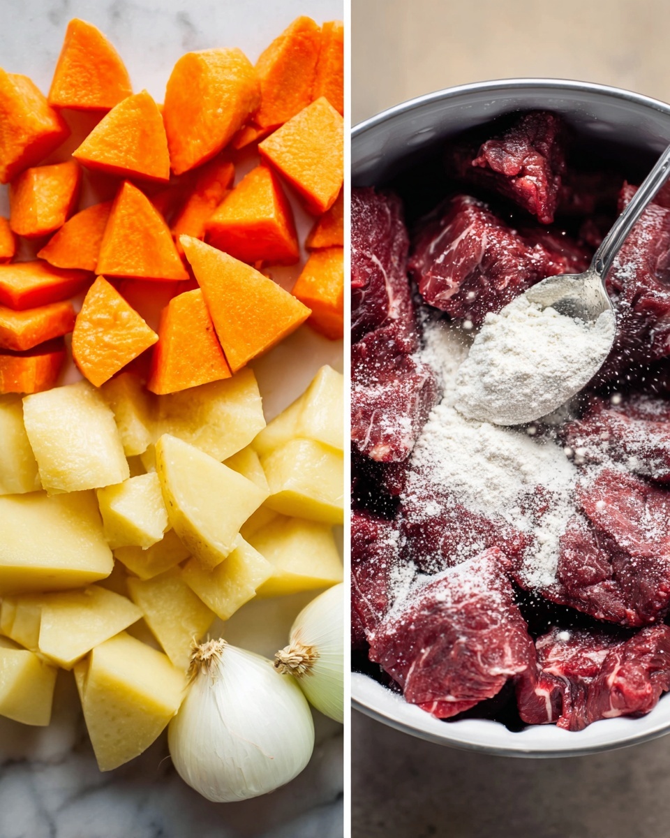 The image shows two side-by-side close-up photos on a white marbled surface. The left photo displays several pieces of chopped vegetables arranged in sections: bright orange carrot chunks cut into triangles at the top, pale yellow potato pieces in large chunks at the bottom and middle, and a whole peeled white onion on the left edge. Each vegetable piece looks fresh with smooth texture and visible skin on the potatoes. The right photo shows a white bowl filled with raw, deep red beef chunks. A woman's hand is holding a spoon above the bowl, sprinkling white flour evenly over the beef pieces. The beef looks soft and moist with a slight shine from juices. The contrast between the white flour and dark red meat is clear. photo taken with an iphone --ar 4:5 --v 7