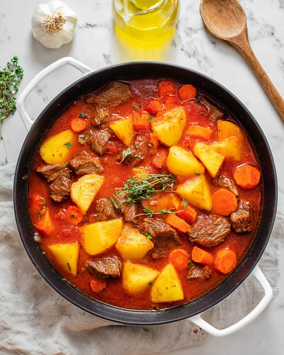 A thick stew is shown in a black pan with a white handle, placed on a white marbled surface with a light grey cloth partly under it. The stew has three main layers: large chunks of brown meat scattered all over, bright orange carrot slices evenly spread, and large, light yellow potato pieces dispersed through the chunky red tomato sauce that fills the pan. Small green thyme leaves float on top, adding freshness. Around the pan, a whole garlic bulb sits in the top left corner, a clear glass jug with light yellow oil is in the top right, and a wooden spoon is placed on the right side on the white marbled surface. photo taken with an iphone --ar 4:5 --v 7