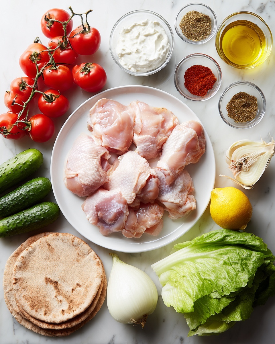 A white plate in the center holds several pieces of raw pink chicken thighs with smooth texture and slight moisture. Around the plate are arranged fresh ingredients: a bunch of red cherry tomatoes still on the vine to the left, three light brown pita breads stacked below, two small dark green cucumbers side by side below the chicken, and a fresh leafy green romaine lettuce on the bottom right. To the right of the chicken plate, there is a yellow lemon and a bulb of white onion with skin. Small clear glass bowls containing white yogurt, brownish ground spices, red pepper flakes, salt, black pepper, and turmeric are scattered around. Three cloves of garlic and a small glass container of golden oil are on the upper left. All items are placed on a clean white marbled surface. Photo taken with an iphone --ar 4:5 --v 7