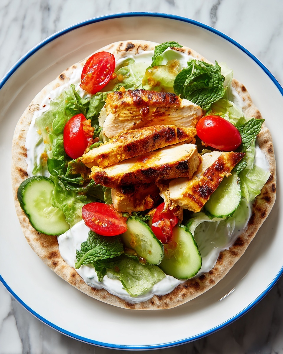 A round pita bread base with light toasted marks holds several layers of food. The bottom layer is a thick white creamy sauce spread evenly, topped with fresh green leafy lettuce. On top of the greens are slices of golden grilled chicken, placed neatly in the center. Around the chicken, there are bright red halved cherry tomatoes and thick slices of green cucumber. The dish sits on a white plate with a thin blue rim, set against a white marbled surface. Photo taken with an iphone --ar 4:5 --v 7