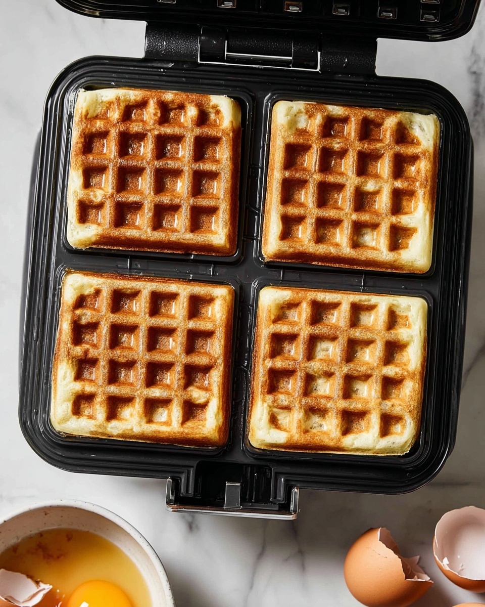 A close-up of four golden-brown waffles cooking inside a black waffle maker, each waffle showing a grid pattern with slightly crispy edges and soft centers in a square shape divided by the waffle maker’s grid. The waffle maker sits on a white marbled surface, with a few uncooked eggs and cracked eggshells placed nearby in a white bowl, suggesting a baking process. The texture of the waffles appears light and fluffy with a warm tone from the baking heat. photo taken with an iphone --ar 4:5 --v 7