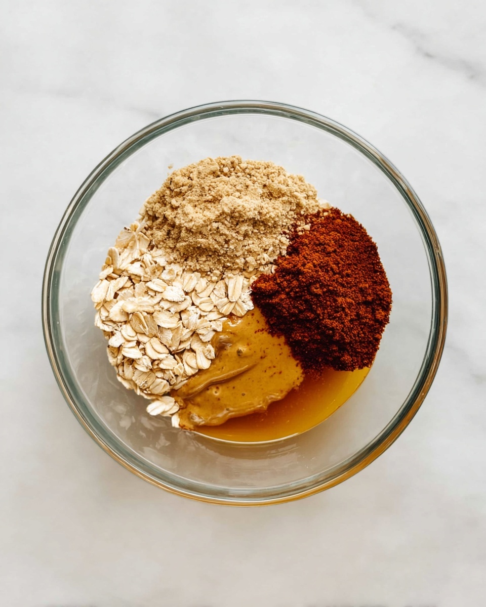 A clear glass bowl sits on a white marbled surface, holding four main layers inside. One side of the bowl has a pile of light beige rolled oats with a slightly rough texture, next to it is a small mound of dark brown cinnamon powder. On the opposite side, there is a smooth, glossy layer of light brown almond butter, and next to that is a pool of golden amber honey. The ingredients are not mixed, each layer is distinct and placed side by side, filling the bowl with natural warm colors in a balanced way. Photo taken with an iphone --ar 4:5 --v 7