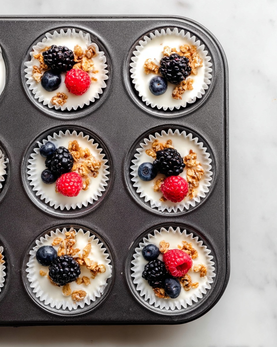 A close-up view of six white paper liners filled with creamy white yogurt in a dark muffin tray. Each yogurt layer is topped with a mix of small granola clusters and fresh berries, including blackberries, blueberries, and raspberries. The muffin tray is placed on a white marbled surface, showing a clean and bright setting. The yogurt looks smooth and thick, and the berries add vibrant dark purple, blue, and red colors on top. The granola pieces are light brown and add a crunchy texture contrast. Photo taken with an iphone --ar 4:5 --v 7