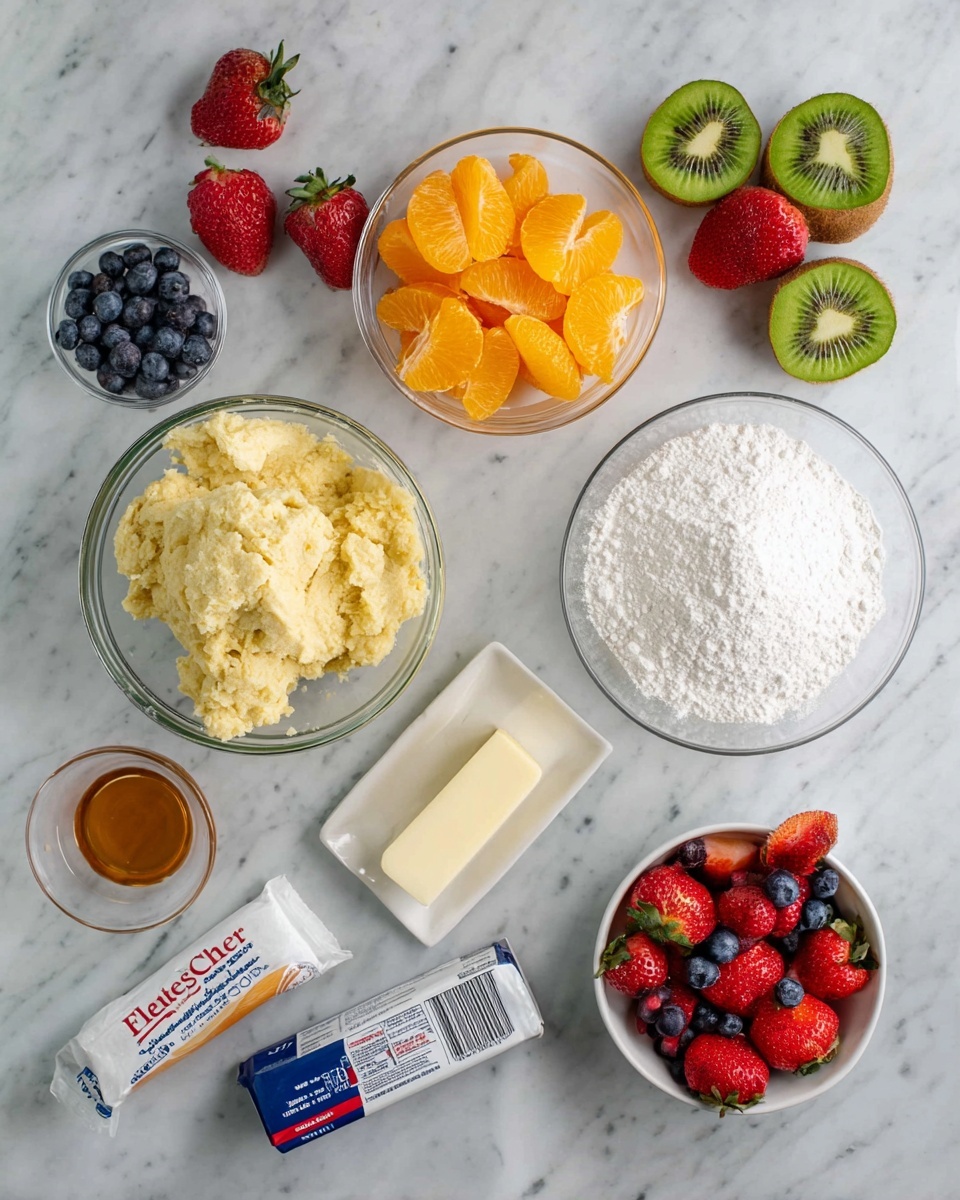 A flat lay of baking ingredients on a white marbled surface showing two clear glass bowls, one with pale yellow dough textured with a crumbly look, and the other filled with white powdered sugar piled in soft peaks. Near them is a white bowl of shiny, bright orange mandarin slices. A small glass bowl contains light brown syrup. A silver rectangular package of cream cheese with blue lettering is placed near a stick of pale yellow salted butter in white paper packaging with red writing. Fresh strawberries, blueberries, and raspberries are scattered around, with whole and halved kiwis with bright green insides and brown fuzzy skins in a white bowl at the top right. A few strawberries also sit directly on the surface. Photo taken with an iphone --ar 4:5 --v 7
