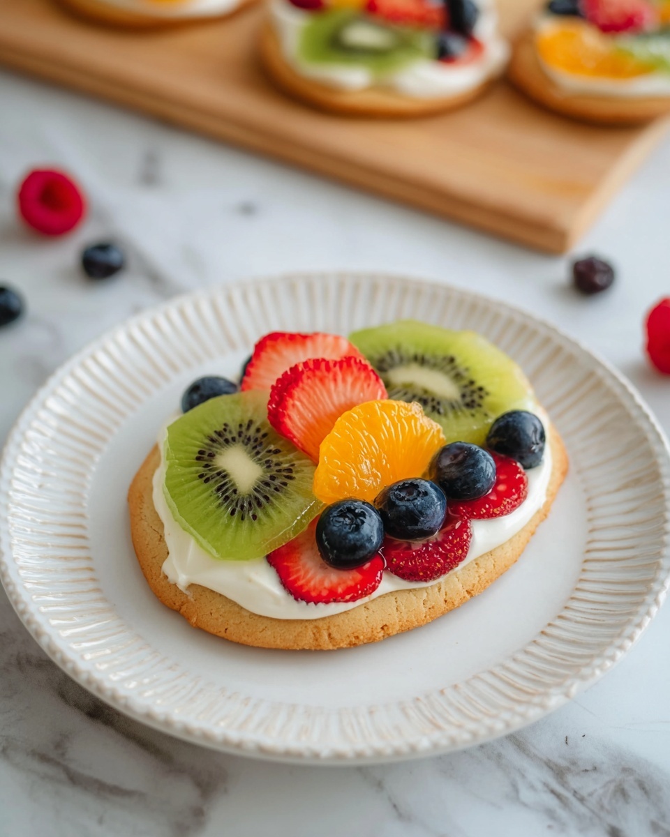 A single large round cookie sits at the bottom layer on a white plate with a textured rim. On top of the cookie is a smooth layer of white cream spread evenly. Above this cream, there are two layers of fruit: the first layer has two slices of green kiwi placed opposite each other, one at the top edge and one at the bottom edge of the cookie. Next to each kiwi slice is a bright red strawberry slice angled inward. Between the strawberries are two juicy orange segments. The top layer is made of round, plump blueberries arranged in little groups on top of the other fruits. The plate rests on a white marbled surface with some scattered blueberries and a raspberry nearby. In the blurred background, there is a wooden board with similar fruit cookies. Photo taken with an iphone --ar 4:5 --v 7