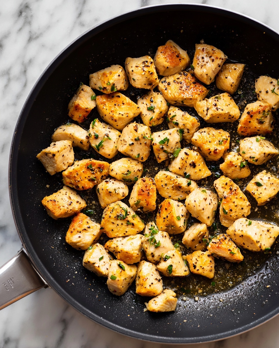 The image shows a black non-stick pan filled with evenly spaced, golden-brown cooked cubed chicken pieces. Each piece is small, moist, and has a slightly crispy texture with visible seasoning of black pepper and fresh green herbs sprinkled on top. The chicken cubes have a shiny light coating of oil, and some areas show a caramelized sear. The pan's surface shows a thin layer of cooking juices adding a glistening effect to the food. The background is a white marbled surface. photo taken with an iphone --ar 4:5 --v 7