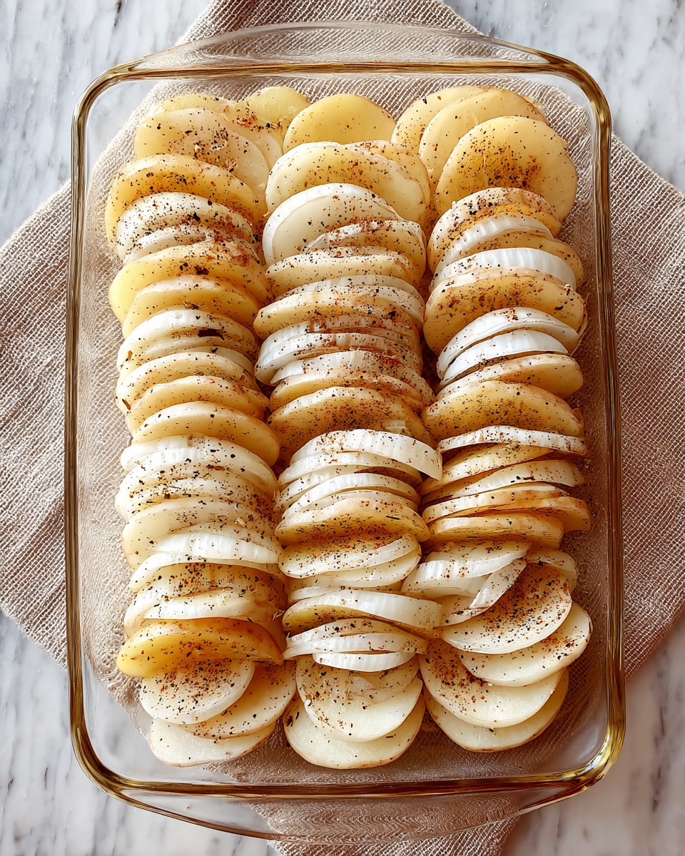 The dish shows a clear glass rectangular baking dish filled with thin, round slices of potatoes and white onions arranged upright in four neat vertical rows. The potatoes are tan with a slight yellow tint, while the onion slices are white and semi-translucent. Each row alternates between potato and onion slices layered closely together, and the entire dish is sprinkled evenly with black pepper. The dish rests on a beige cloth which sits on a white marbled surface. photo taken with an iphone --ar 4:5 --v 7