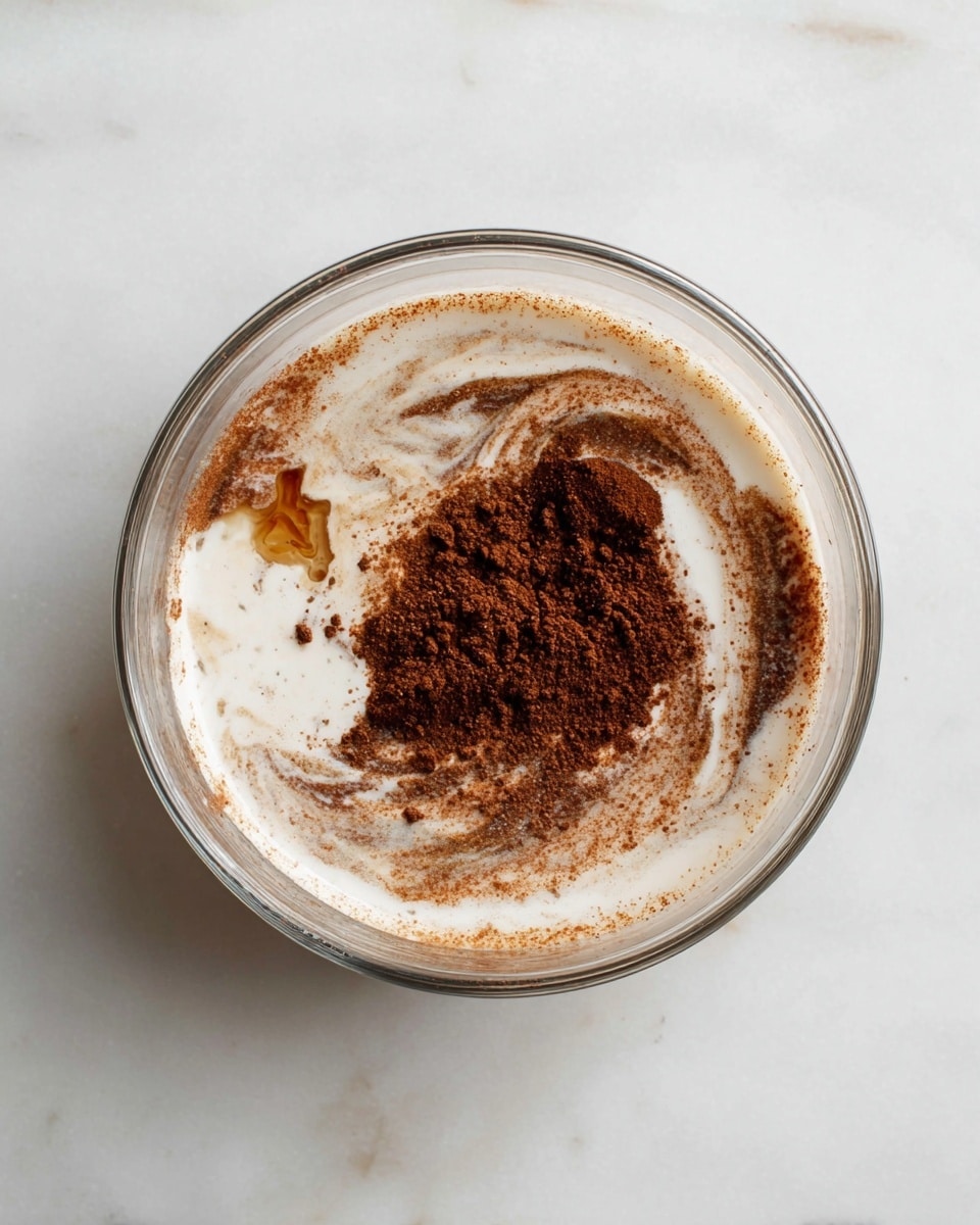 A clear glass bowl sits on a white marbled surface, showing a mix of ingredients inside. The bottom layer is a light brown powder, possibly cocoa, scattered unevenly. A creamy white liquid covers most of the surface, swirling gently with the brown powder, creating a marbled effect. Near the center, there is a small pile of darker brown powder sitting on the white liquid, adding texture and contrast. To the left of this pile, a small spot of amber liquid is visible, slightly blending into the cream. The overall look is soft and smooth with a mix of light and dark brown shades against the white cream. photo taken with an iphone --ar 4:5 --v 7
