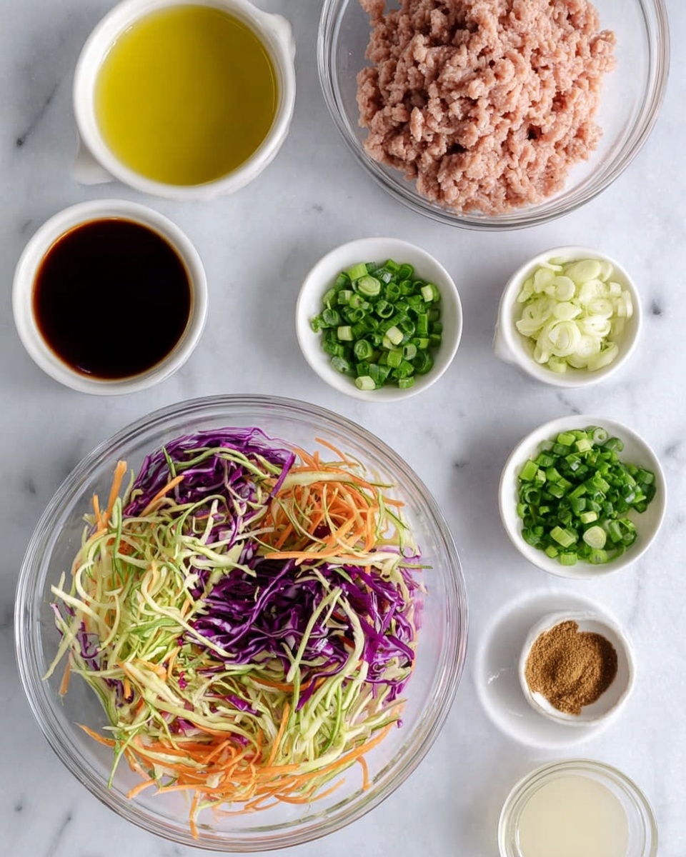 The image shows several clear and white bowls arranged on a white marbled surface. At the center bottom is a large clear glass bowl filled with a colorful mix of shredded vegetables including green cabbage, purple cabbage, and thin orange carrot strips. Above it, to the center, is another clear glass bowl with light pink ground meat. Around these two main bowls are smaller white bowls: to the top left is a white bowl with a yellow liquid, directly below it a clear bowl with a dark brown liquid, and below that smaller white bowls containing chopped green onions and minced ginger. To the right of the large shredded vegetable bowl, in a white bowl, is chopped green onion, above it a white bowl with brown powder, and below it a small white bowl with minced garlic. A small clear bowl with a pale liquid is at the bottom right. The layout is clean, simple, and well organized. photo taken with an iphone --ar 4:5 --v 7