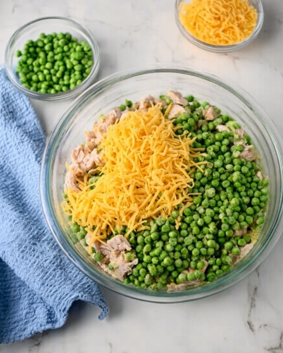 A clear glass bowl on a white marbled surface holds a layered mixture. At the bottom, small pieces of cooked light brown chicken are visible, topped with a thick layer of bright green peas, which cover almost the whole surface. On top of the peas, a scattered pile of shredded yellow cheese creates a rough textured layer that stands out against the green. Next to the bowl, a small glass bowl contains more bright green peas, and another small glass bowl holds extra shredded yellow cheese. A light blue cloth is placed beneath the small bowls on the left side of the image. Photo taken with an iphone --ar 4:5 --v 7