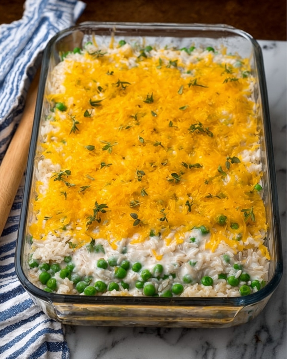 A clear glass baking dish filled with three layers: the bottom layer is white rice mixed with bright green peas, the middle layer has a creamy white sauce with some herbs, and the top layer is melted golden yellow cheese sprinkled lightly with small green herb leaves on top. The dish sits on a white marbled surface with a wooden rolling pin and a striped blue and white cloth nearby. Photo taken with an iphone --ar 4:5 --v 7