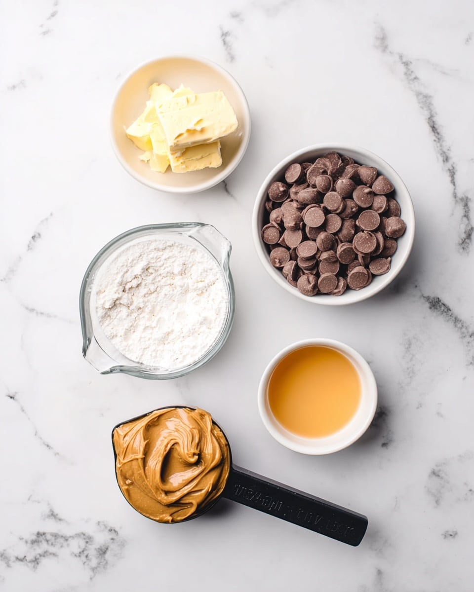 The image shows five different ingredients arranged neatly on a white marbled surface. At the top left is a small white bowl with a scoop of pale yellow butter. Below it is a white bowl filled with round brown chocolate chips. In the center left is a transparent glass measuring cup with a white powdery substance inside. To the right of that is a black measuring cup filled with smooth, light brown peanut butter. At the bottom right is a small white bowl with light orange liquid. The colors range from white and light yellow to deep brown and orange, creating a soft and natural look. Photo taken with an iphone --ar 4:5 --v 7