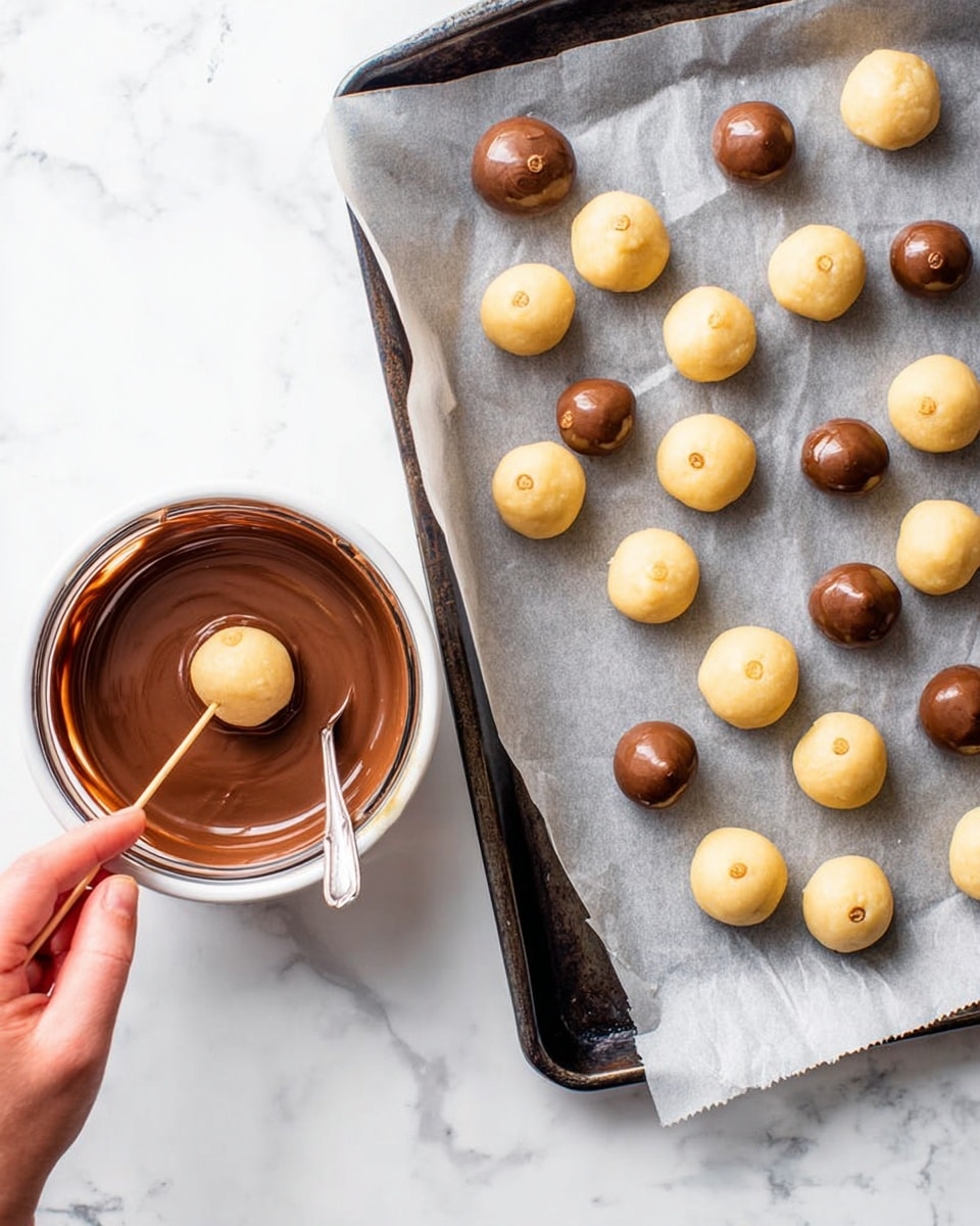A white glass bowl filled with smooth milk chocolate sits on the left over a white marbled surface with a silver spoon resting inside. Above the bowl, a woman's hand holds a light tan round dough ball on a toothpick, dipping it into the chocolate. To the right, a dark metal baking tray lined with parchment paper holds several light tan dough balls spread out evenly, along with two balls already dipped in shiny milk chocolate with a small tan dot on top. The scene is bright and clean with soft shadows. photo taken with an iphone --ar 4:5 --v 7