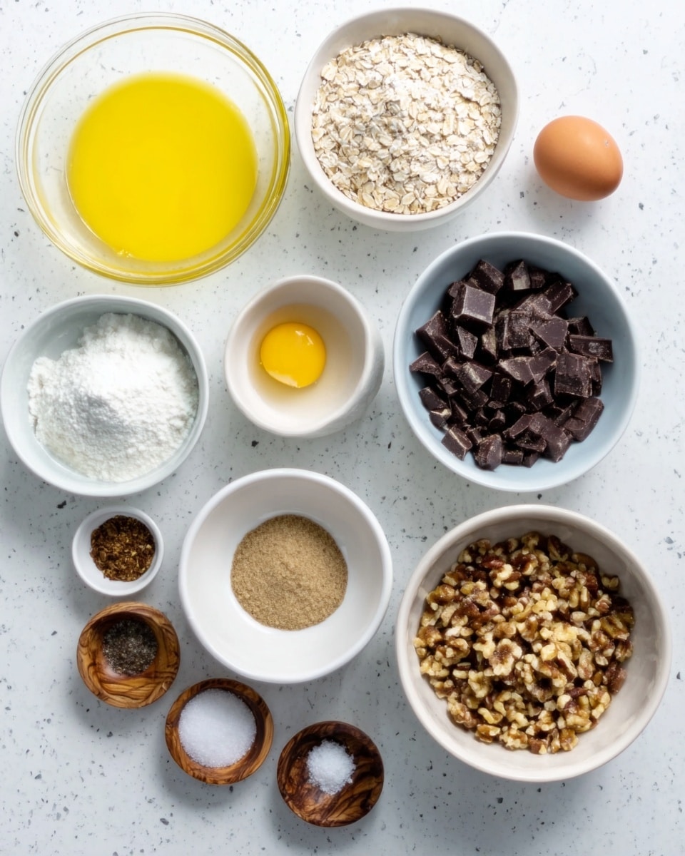 The image shows an overhead view of various baking ingredients arranged neatly on a white marbled surface. There is a large clear glass bowl with yellow melted butter on the left, and next to it, small white bowls containing a single raw egg, light brown sugar, and white sugar. Above these bowls, there is a small white bowl with oatmeal, a larger white bowl filled with dark chocolate chunks, and another large white bowl holding flour. A white bowl with chopped nuts is positioned on the bottom right. There are also two small wooden dishes with spices and a small glass of salt, all arranged in a visually balanced layout. Photo taken with an iphone --ar 4:5 --v 7