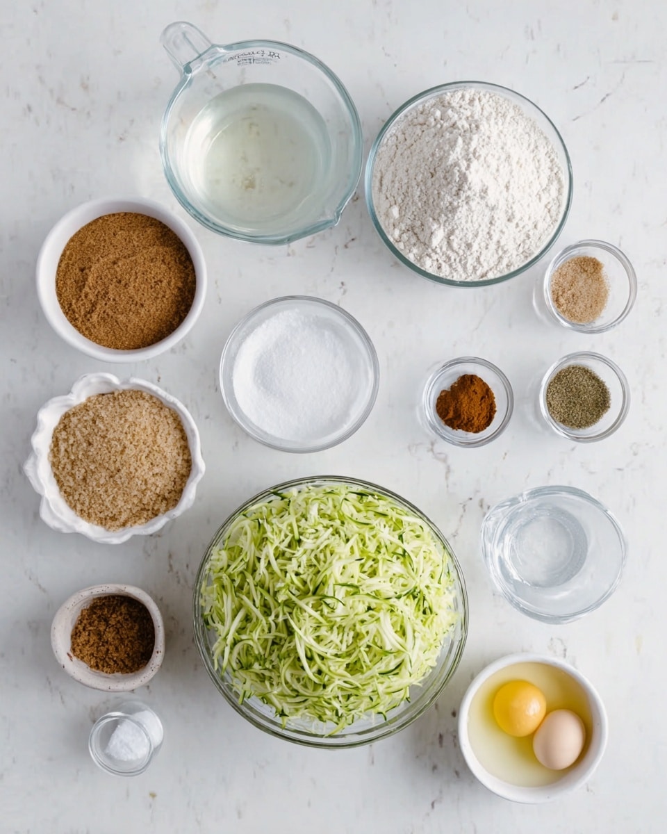 A flat lay of various clear and white bowls on a white marbled surface showing ingredients for baking. The center features a large clear bowl filled with shredded green zucchini. Around it are smaller white and clear bowls containing light brown sugar, granulated sugar, flour, two cracked eggs mixed in a bowl, water in a clear measuring cup, salt and baking powder in tiny clear bowls, and separate bowls with brown spices. The different textures and colors of the ingredients create a clear and neat arrangement. Photo taken with an iphone --ar 4:5 --v 7