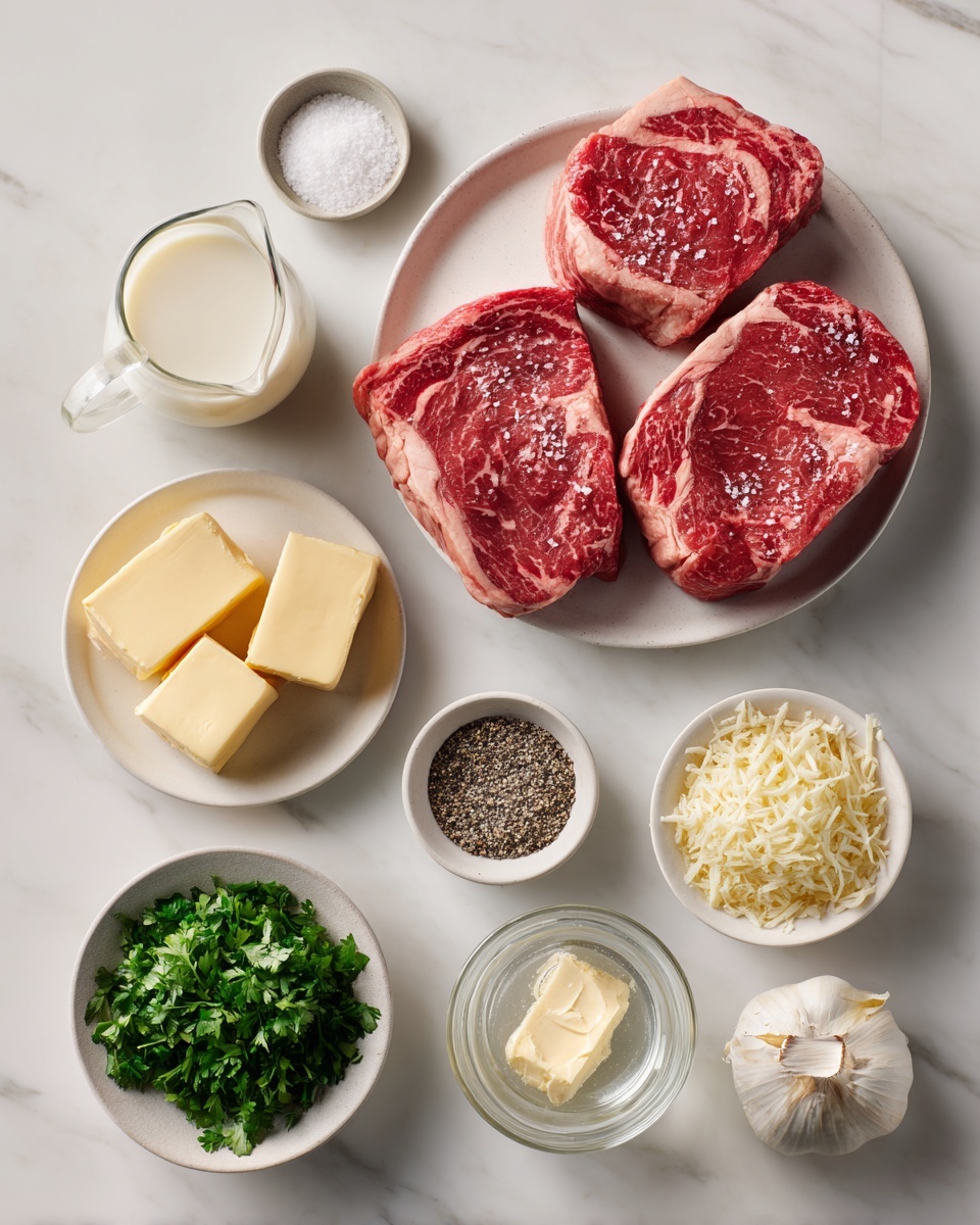 Top-down professional food photography, flat lay style, bright white marble countertop, neatly arranged, evenly spaced, tidy, clean organized layout, include: four raw ribeye steak pieces seasoned with salt and pepper on a small plate, small bowl of coarse salt, small bowl of cracked black pepper, small plate with four tablespoons of butter, small bowl with minced garlic cloves, glass measuring cup with heavy cream, small bowl with grated Parmesan cheese, small bowl of chopped fresh parsley for garnish, bright soft natural lighting, sharp focus, high detail textures, realistic reflections, professional DSLR look, 4K, no finished dish, no cooked food, no hands, no text, no watermark, no brand logos --ar 4:5 --v 7