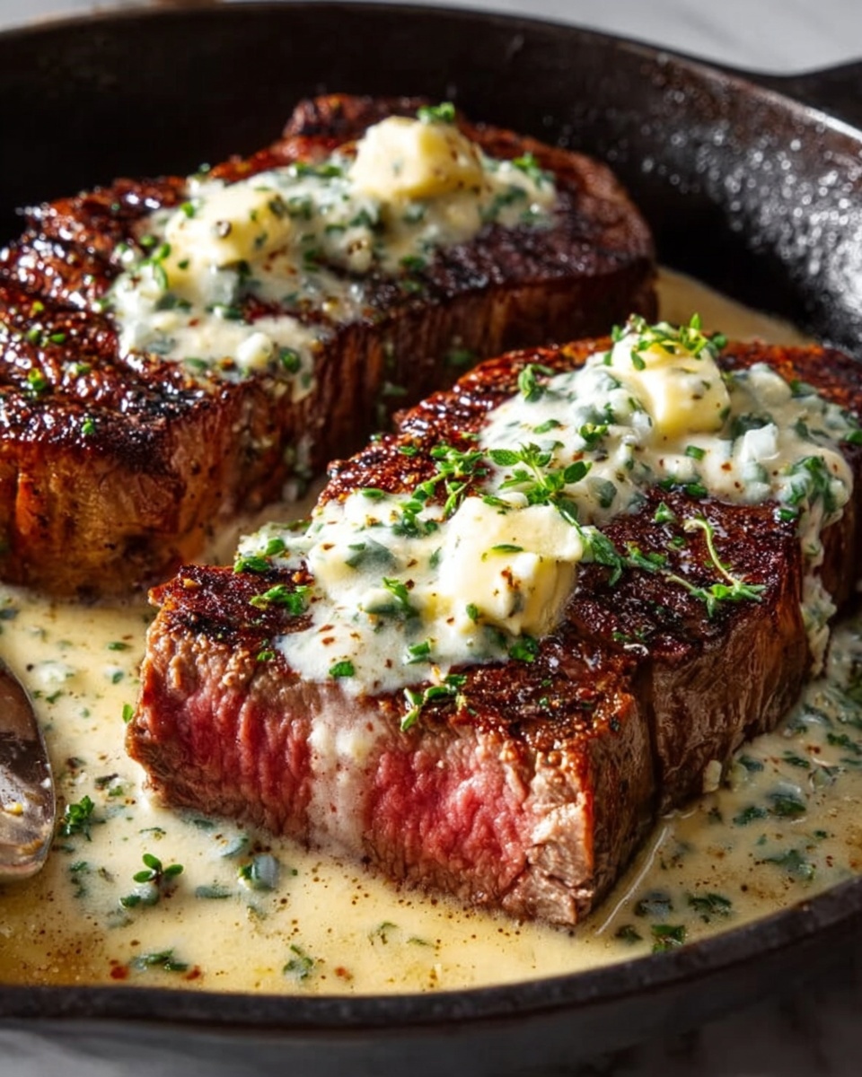 The image shows a close-up of two thick steak pieces in a dark pan, one at the front and one in the back, both cooked with dark brown sear marks and a pink center visible on the cut side of the front steak. Each steak is topped with a creamy white sauce mixed with small green herb pieces and bits of light yellow butter melting on top. The sauce pools slightly around the steaks, with small green herbs sprinkled over everything, creating a rich and juicy look. The pan sits on a white marbled surface. photo taken with an iphone --ar 4:5 --v 7