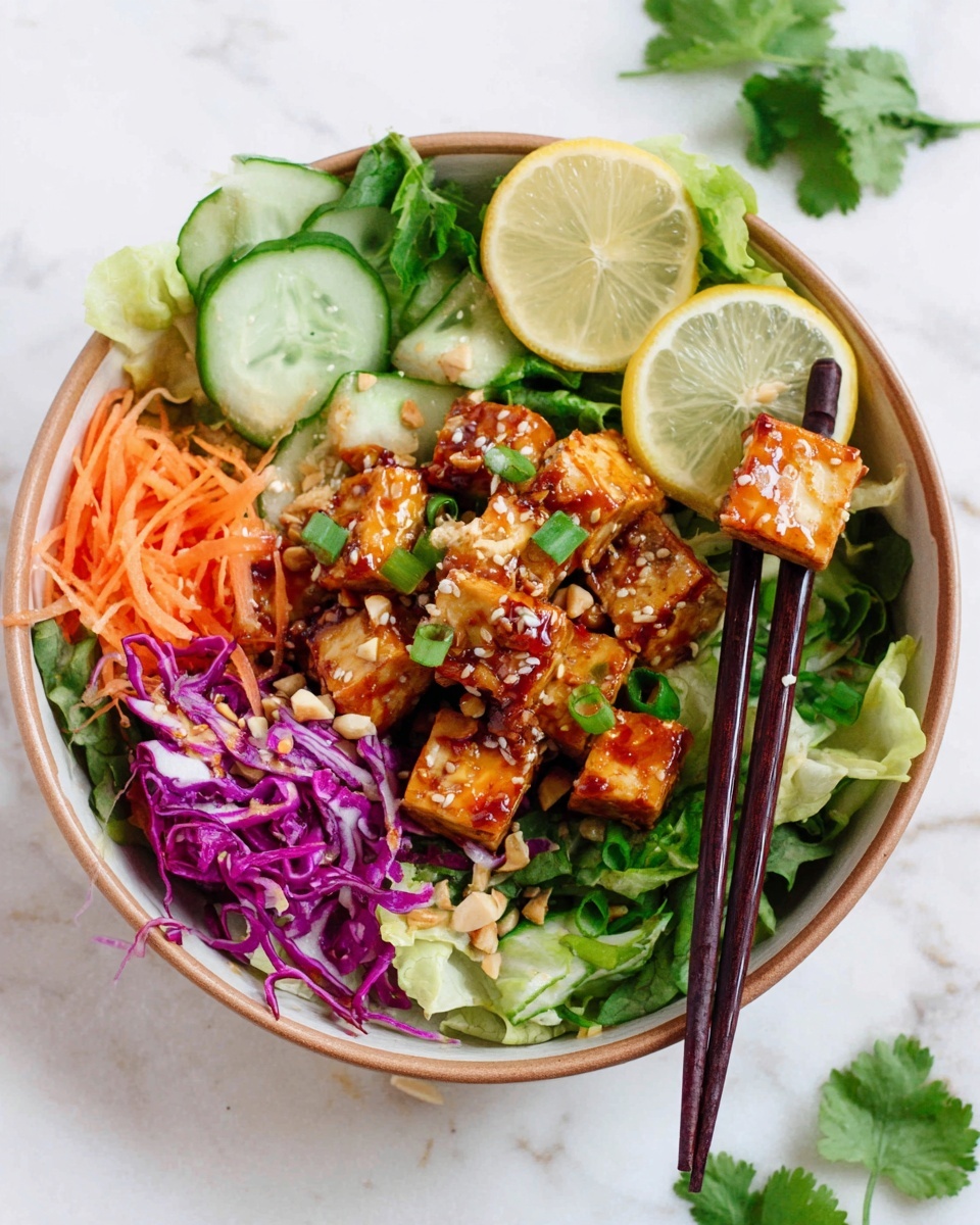 A round white bowl with a light brown rim filled with a fresh salad layered starting with green lettuce and leafy greens at the bottom edges, topped with shredded purple cabbage on the left side, thin carrot sticks on the right, thin cucumber slices stacked behind the carrots, and chopped green onions scattered throughout. In the center, there are small, golden-brown, grilled tofu cubes with a shiny orange sauce and sprinkled with sesame seeds and peanuts. Three lemon wedges rest on the salad, two at the top and one at the bottom edge. A pair of dark wooden chopsticks hold a tofu cube on the right side of the bowl, all set against a white marbled surface with a few cilantro leaves nearby. Photo taken with an iphone --ar 4:5 --v 7