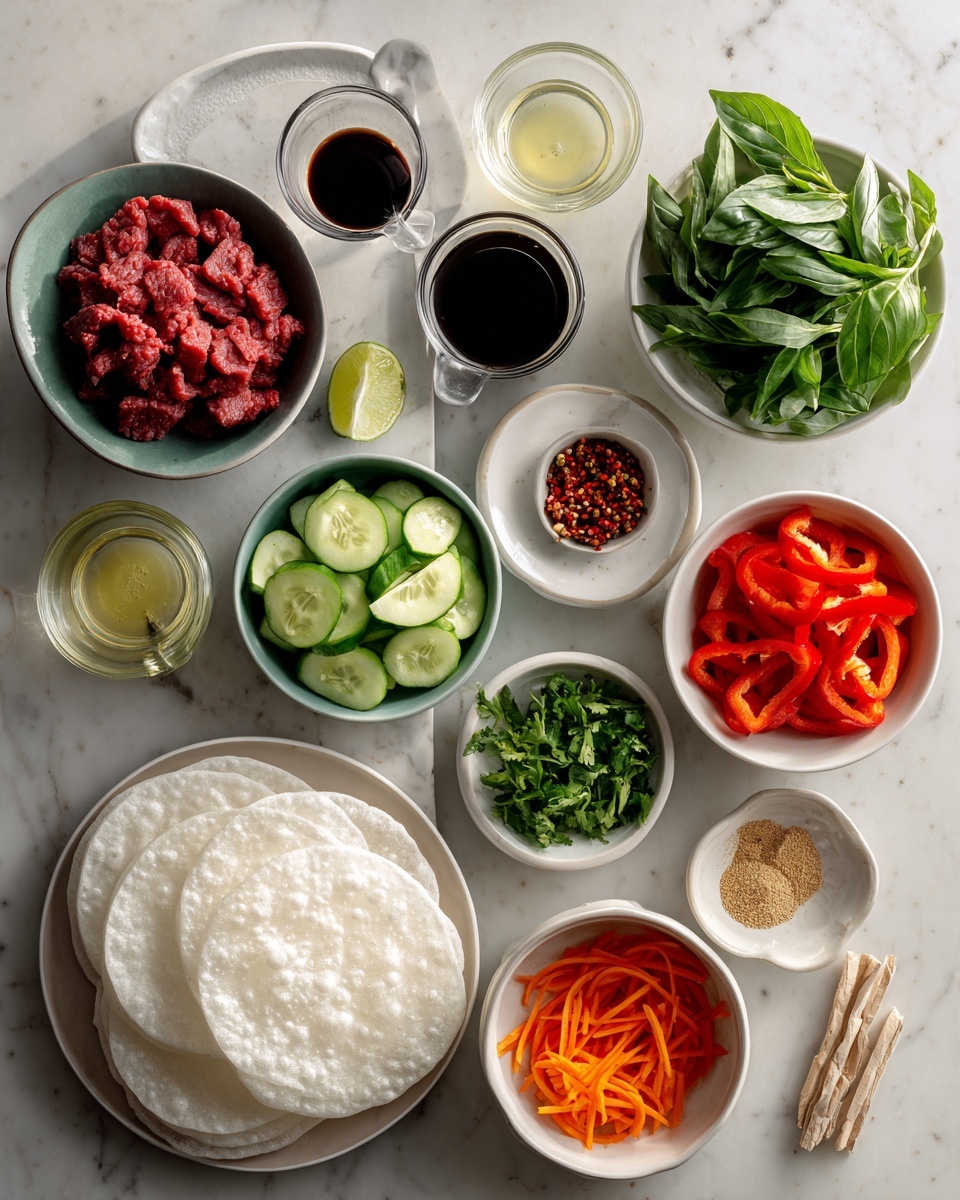 Top-down professional food photography flat lay style, bright white marble countertop, neatly arranged, evenly spaced, tidy, clean organized layout, include: small bowl of thinly sliced prepared meat pieces, small bowl of fresh basil leaves, small bowl of fresh cilantro leaves, small bowl of julienned cucumber, small bowl of julienned carrot, small bowl of thinly sliced red bell pepper, small glass cup of fish sauce, small glass cup of soy sauce, small glass cup of lime juice, small bowl of brown sugar, small bowl of minced garlic, small bowl of red chili flakes, small glass cup of vegetable oil, small bowl of salt, small bowl of pepper, stack of round rice paper wrappers on a small plate, bright soft natural lighting, sharp focus, high detail textures, realistic reflections, professional DSLR look, 4K, no finished dish, no cooked food, no hands, no text, no watermark, no brand logos --ar 4:5 --v 7