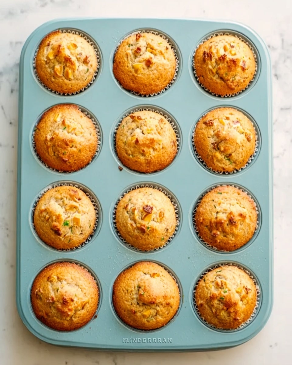 The image shows nine golden muffins in a light blue muffin tray on a white marbled surface. Each muffin has a slightly rounded top with small pieces of fruit or nuts visible inside, giving a textured look with light and darker golden spots. The muffins are evenly spaced in three rows of three, and the tray has a soft matte finish with the brand name on the side. The white marbled surface beneath adds a clean, bright contrast to the warm colors of the muffins. photo taken with an iphone --ar 4:5 --v 7