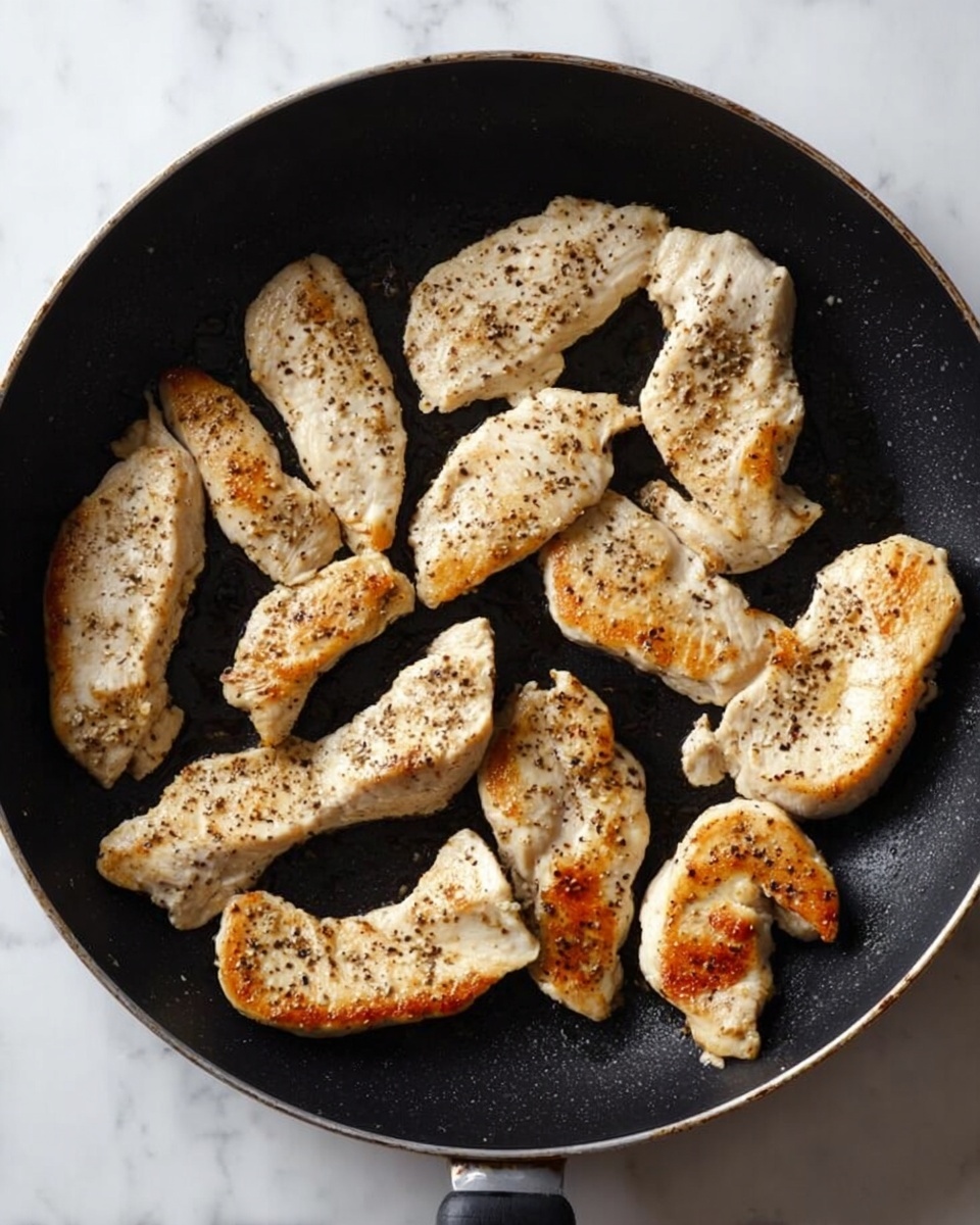 A black pan filled with nine pieces of cooked white meat, each piece varying in size and shape with a lightly browned and slightly crispy texture. The meat is sprinkled with black pepper and appears tender, arranged evenly across the pan. The background surface is a white marbled texture. photo taken with an iphone --ar 4:5 --v 7
