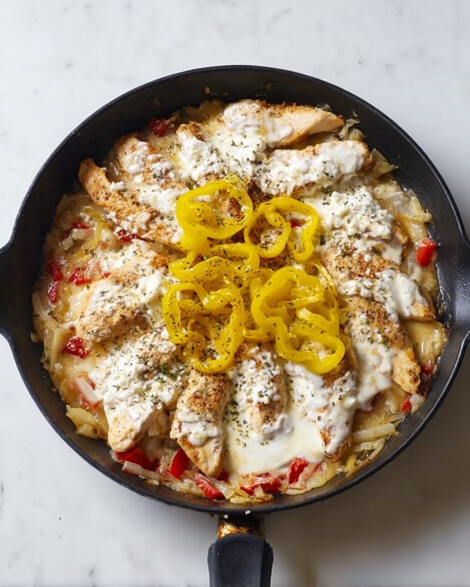 A black skillet is filled with cooked chicken slices arranged around the edges, showing a light golden brown color with some specks of black pepper. The center is topped with a creamy white sauce spread unevenly, covering some of the chicken and the vegetables underneath. Bright yellow pickled pepper rings sit on top in the middle of the skillet, with small pieces of red bell pepper and diced onions mixed throughout the dish, giving spots of red and white textures. The skillet handle is visible at the bottom, and the whole scene is set on a white marbled surface. photo taken with an iphone --ar 4:5 --v 7