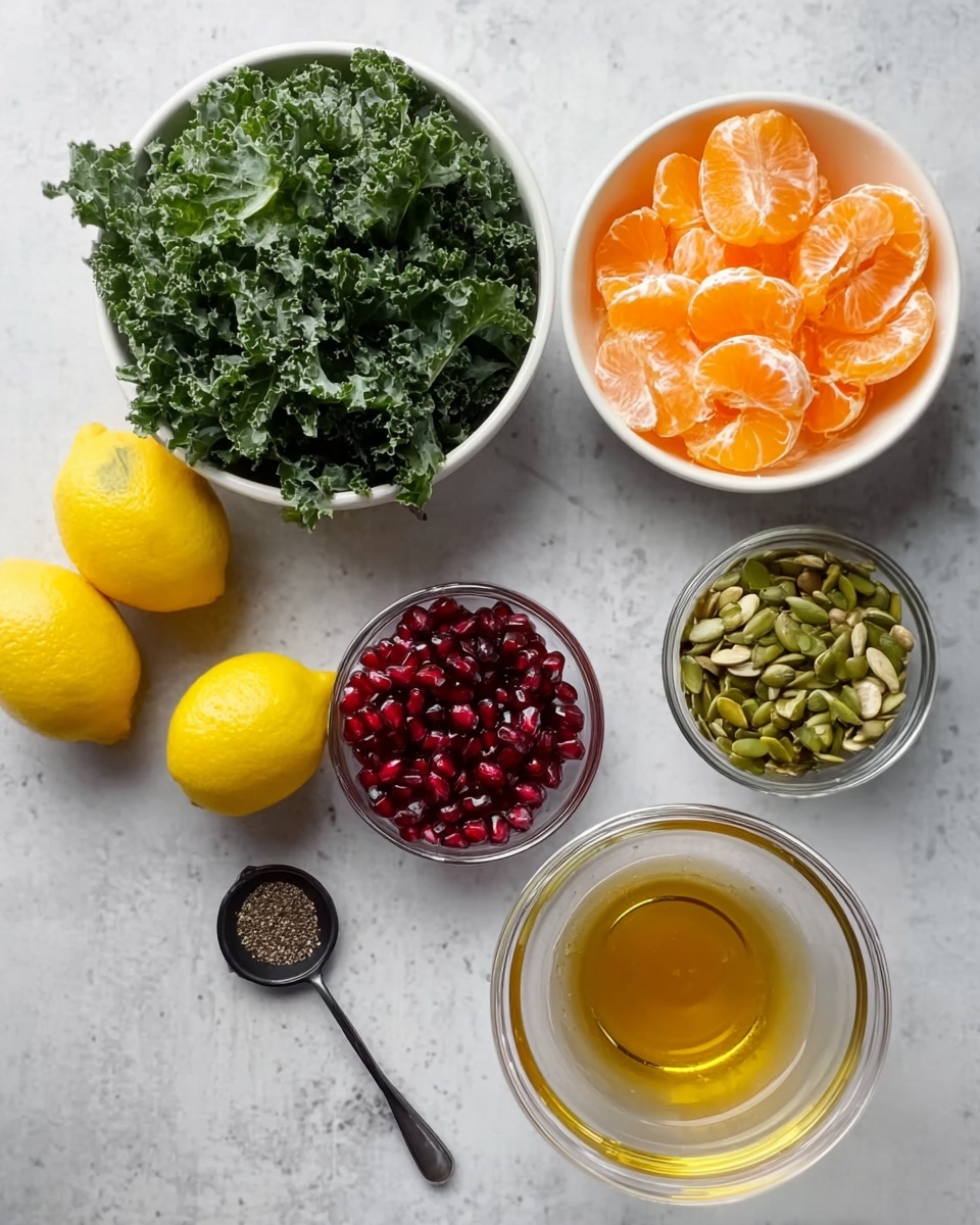 The image shows an overhead view of several ingredients placed on a white marbled surface. There are two white bowls near the top: one filled with dark green curly kale leaves and the other with bright orange mandarin segments. Below them are two whole yellow lemons on the left. In the center is a small clear glass bowl with dark red pomegranate seeds, and next to it on the right is another small clear glass bowl with light green pumpkin seeds. Below these bowls is a clear glass cup with a golden liquid, likely honey or syrup. In the bottom center is a clear glass bowl with a transparent liquid, probably vinegar or oil. On the bottom left, a small black spoon holds a small amount of ground black pepper. The photo has natural lighting and a clean, fresh look, photo taken with an iphone --ar 4:5 --v 7