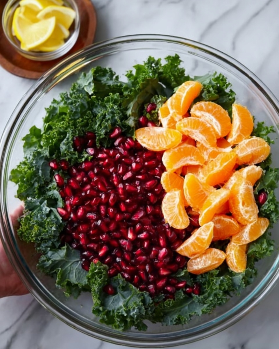 A clear glass bowl on a white marbled surface holds a salad with three main layers: the bottom layer is dark green kale leaves, the middle layer is bright red pomegranate seeds piled on one side, and the top layer is peeled orange mandarin segments arranged on the other side. In the top left corner, a woman's hand holds the edge of the bowl, and a small glass bowl with yellow lemon wedges is visible nearby. photo taken with an iphone --ar 4:5 --v 7