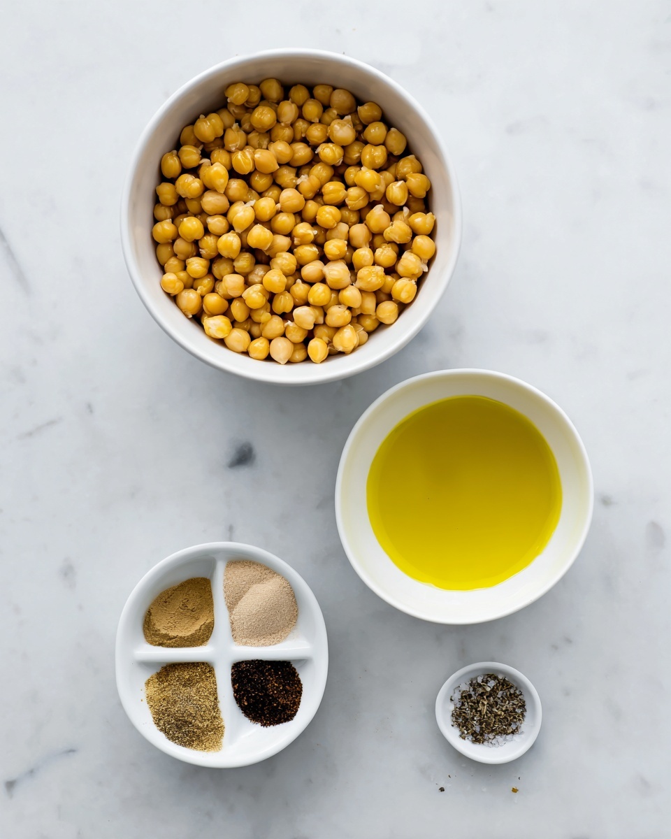The image shows four white bowls placed on a white marbled surface. The largest bowl at the top is filled with golden chickpeas, evenly arranged. To the right of it is a medium-sized white bowl filled with a smooth, yellow liquid, likely oil. Below the chickpeas and slightly to the left, there is a smaller white bowl divided into four sections holding different dry spices in shades of light beige, tan, dark brown, and black. Finally, at the bottom right, there is a tiny white bowl containing a coarse mixture of salt and black pepper. The composition is clean and simple with all elements clearly visible. photo taken with an iphone --ar 4:5 --v 7