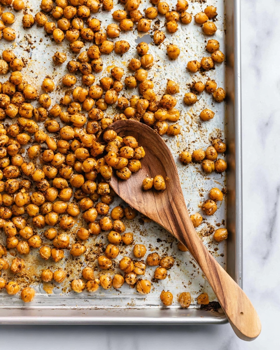 The image shows a baking tray filled with a single layer of golden brown roasted chickpeas that have a slightly crispy texture and a light coating of spices visible as small dark flecks on both the chickpeas and tray surface. A wooden spoon filled with some of these chickpeas rests on the tray bottom left, with much of the tray still visible around the scattered chickpeas. The tray is set on a white marbled surface with even lighting highlighting the warm tones of the roasted chickpeas, giving a clean and simple look. Photo taken with an iphone --ar 4:5 --v 7