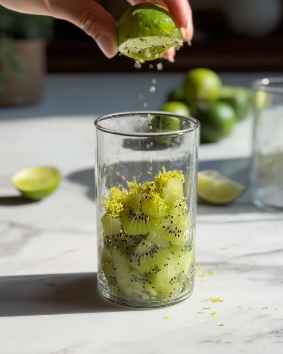 A clear glass filled with roughly chopped green kiwi pieces layering the bottom half, mixed with small black seeds and a light yellow zest sprinkled on top. Above, a woman's hand is squeezing a fresh lime half, with small drops of juice falling into the glass. The glass sits on a white marbled surface, with blurred background elements including another clear glass and a lime wedge, all under soft natural light. photo taken with an iphone --ar 4:5 --v 7