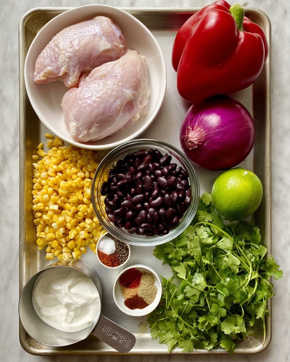 A metal tray holds several ingredients arranged neatly on a white marbled surface: in the top left, a white bowl contains two raw pale pink chicken pieces; next to it on the right, a large red bell pepper, a halved purple onion, and a green lime sit close together; below the chicken, a small clear glass bowl filled with dark black beans and another with bright yellow grilled corn kernels are placed side by side; at the bottom left corner, a metal measuring spoon full of white sour cream and a small white bowl with red, brown, and green spices are visible; to the right, a bunch of fresh green cilantro lays spread out. Photo taken with an iphone --ar 4:5 --v 7