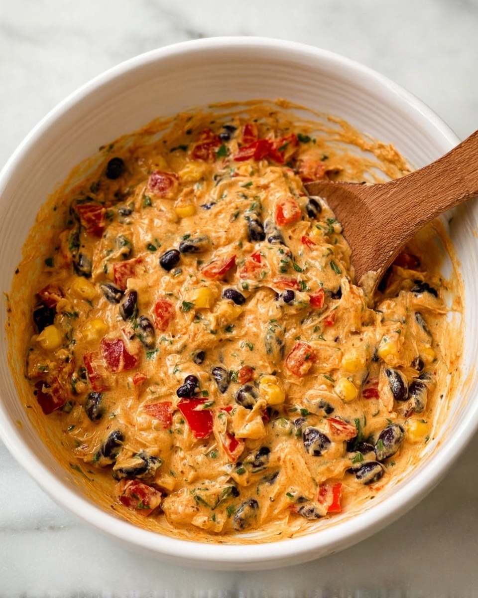 A white bowl filled with a creamy orange mixture that looks thick and chunky. The mixture contains small pieces of red bell pepper, black beans, corn kernels, and green herbs scattered evenly throughout. A wooden spoon rests inside the bowl at the top right corner. The bowl sits on a white marbled surface. photo taken with an iphone --ar 4:5 --v 7