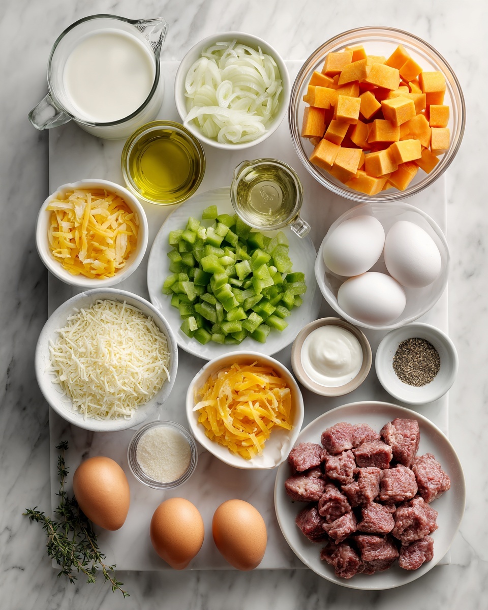 Top-down professional food photography, flat lay style, bright white marble countertop, neatly arranged, evenly spaced, tidy, clean organized layout, include: small glass cup of avocado oil, small bowl of chopped yellow onion, small bowl of chopped green bell pepper, bowl of cubed sweet potatoes, small bowl of peeled garlic cloves, bowl of prepared meat pieces, small plate of whole eggs, glass measuring cup of milk, small bowl of dried thyme, small bowl of salt, small bowl of black pepper, small bowl of grated mozzarella cheese, bright soft natural lighting, sharp focus, high detail textures, realistic reflections, professional DSLR look, 4K, no finished dish, no cooked food, no hands, no text, no watermark, no brand logos --ar 4:5 --v 7