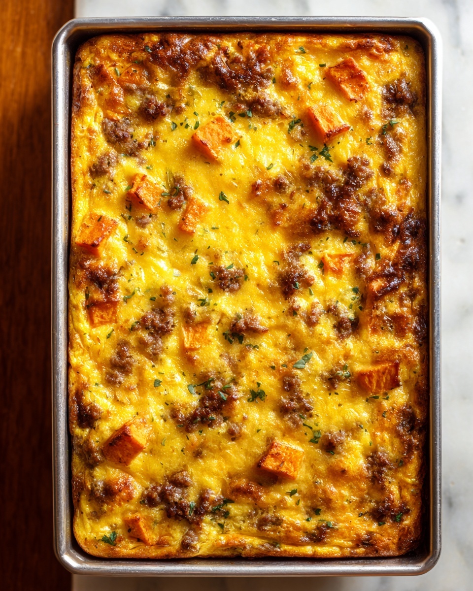 The image shows a rectangular metal baking pan filled with a baked casserole that has a golden-yellow surface with browned spots on top. The dish contains visible chunks of orange sweet potatoes scattered throughout and small pieces of browned sausage mixed in. There are also hints of green herbs sprinkled on top, adding color contrast. The texture looks soft and slightly fluffy, with a slightly crisp top layer. The baking pan is placed on a white marbled surface. photo taken with an iphone --ar 4:5 --v 7